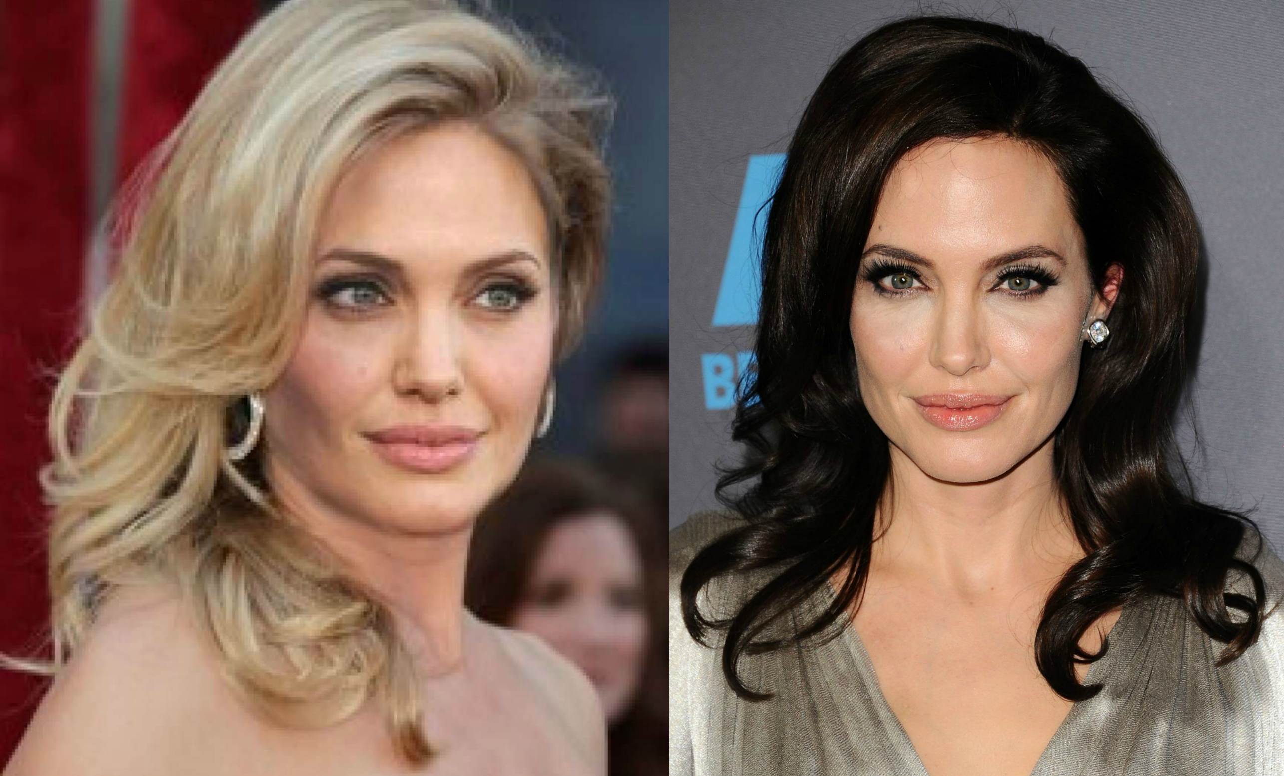 Блондинки ставшие брюнетками. Анджелина Джоли блондинка или брюнетка. Анджелина Джоли окрашивание. Анджелина Джоли блондинка и брюнетка. Анджелина Джоли цвет волос.