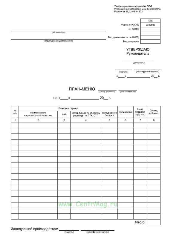 Меню документа. План-меню (форма №ОП-2);. План меню ОП 2 образец. План меню предприятия общественного питания образец. План-меню форма ОП-2 образец.